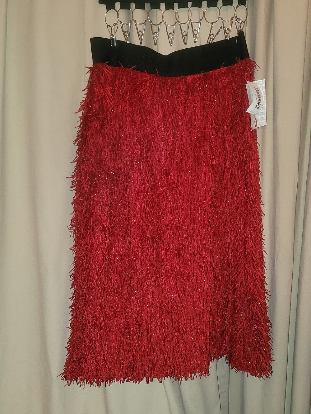 LuLaRoe Red Fringe Elegant JILL Midi Skirt with Black Waistband